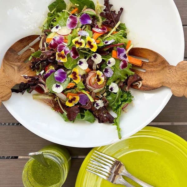 Garden Delight Salad with Pansy Garnish & Herb Vinaigrette Dressing